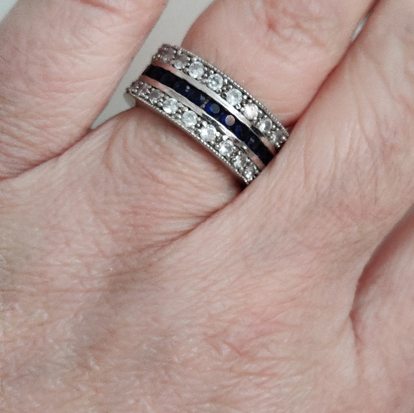 Dazzling Three Row Sterling Silver Band Ring 💍with CZ and Sapphires - Picture 14 of 15